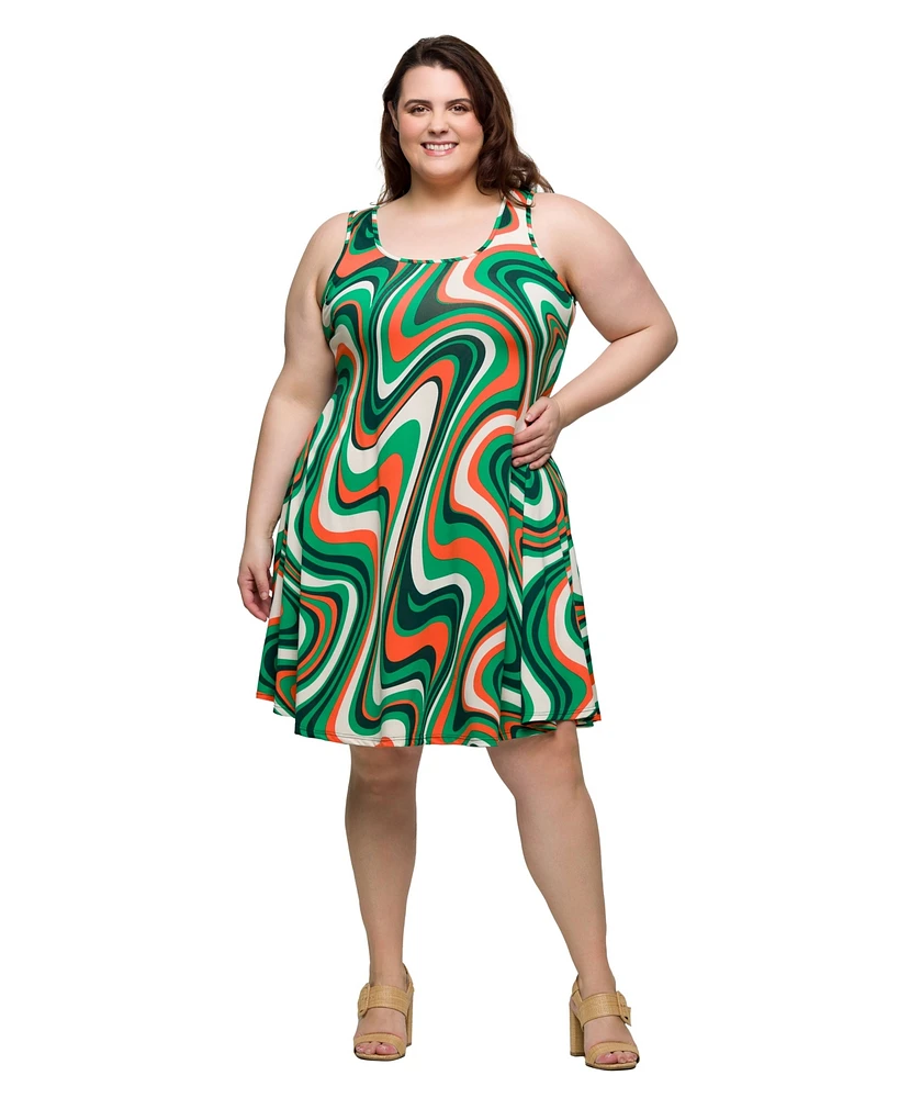 24seven Comfort Apparel Plus Print Sleeveless Knee Length Tank Swing Dress