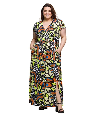 24seven Comfort Apparel Plus Cap Sleeve V-Neck Side Slit Pocket Maxi Dress