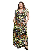 24seven Comfort Apparel Plus Cap Sleeve V-Neck Side Slit Pocket Maxi Dress