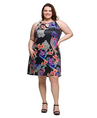 24seven Comfort Apparel Plus Knee Length Print Sleeveless Keyhole Dress