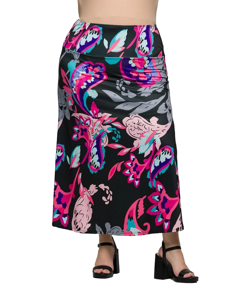 24seven Comfort Apparel Plus Elastic Waist A-Line Maxi Skirt