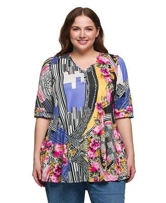 24seven Comfort Apparel Plus Print Elbow Sleeve V-Neck Henley Tunic Top