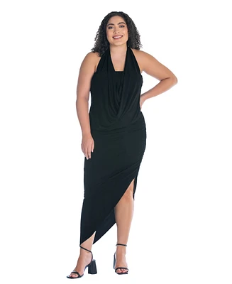 24seven Comfort Apparel Plus Cowl Neck Long Asymmetrical Backless Halter Dress