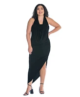 24seven Comfort Apparel Plus Cowl Neck Long Asymmetrical Backless Halter Dress
