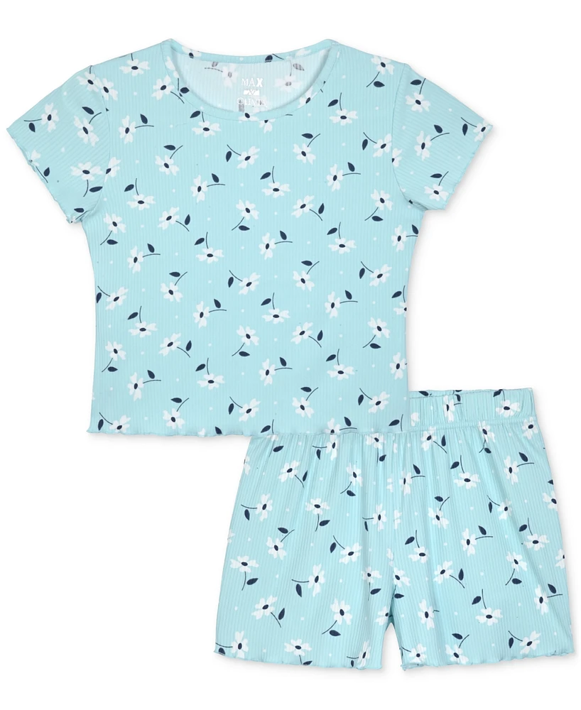 Max & Olivia Big Girls Floral-Print Rib Lettuce-Edge Shorts Pajama Set