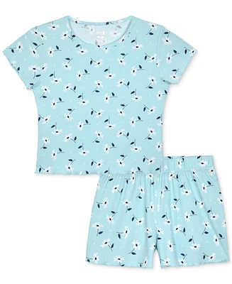 Max & Olivia Big Girls Floral-Print Rib Lettuce-Edge Shorts Pajama Set