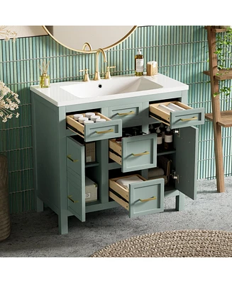 36" Bathroom Vanity Cabinet with Resin Integrated Sink - 4 Drawers, 2 Doors