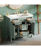 36" Bathroom Vanity Cabinet with Resin Integrated Sink - 4 Drawers, 2 Doors