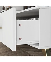 Tv stand with two drawers, retractable media console, white wooden entertainment center