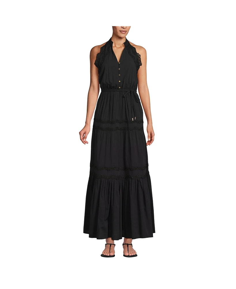 Lands' End Women's Cotton Voile Halter Tiered Maxi Dress