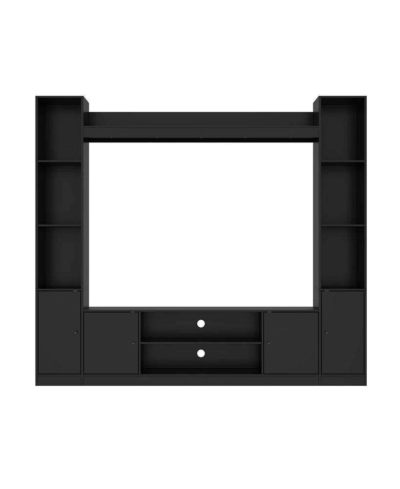Black four-door Tv stand, media console with movable shelves, multi-purpose entertainment center