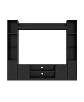 Black four-door Tv stand, media console with movable shelves, multi-purpose entertainment center