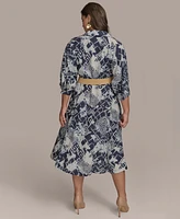 Donna Karan New York Plus Printed Belted 3/4-Sleeve Shirt Dress
