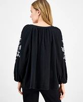 Style & Co Women's Cotton Gauze 3/4-Sleeve Embroidered Top, Exclusively at Macy's