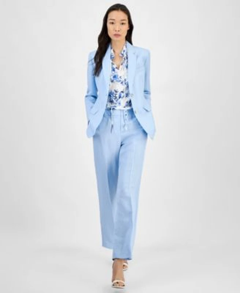 Anne Klein Womens Linen Blend Notch Lapel Button Front Blazer Ruffle Neck Sleeveless Blouse High Rise Press Pleat Pants
