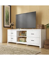 Tv stand with 4 drawers and 2 compartments, brown wood media console, multi-purpose entertainment center