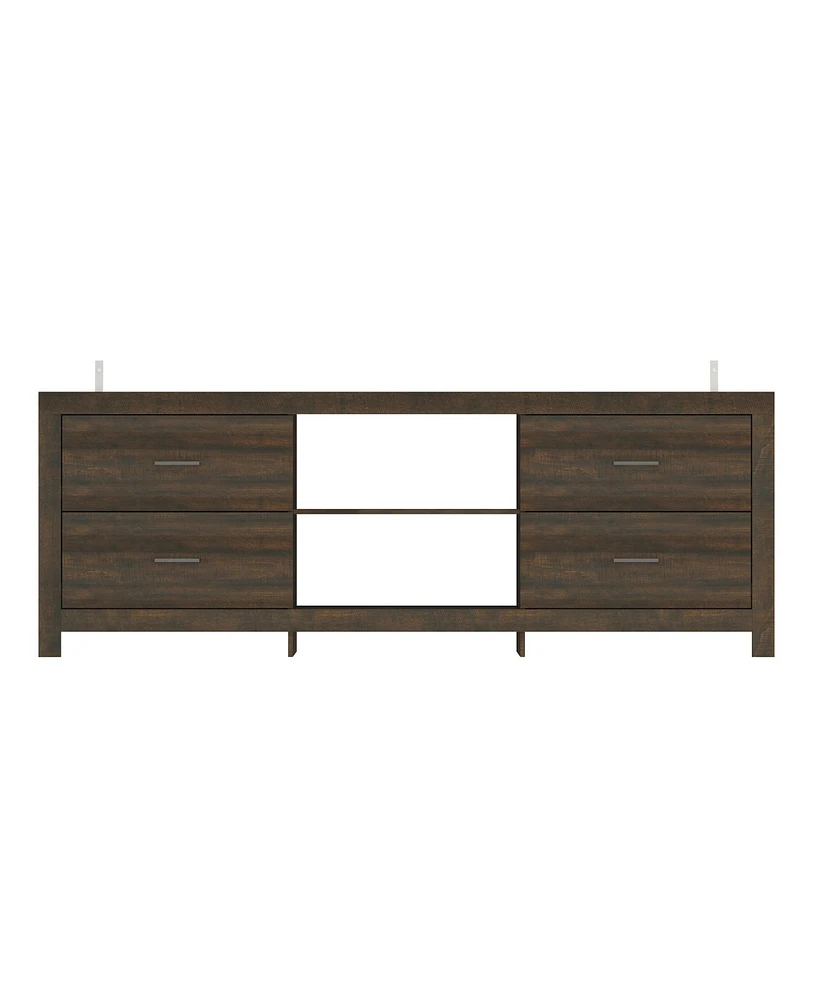 Tv stand with 4 drawers and 2 compartments, brown wood media console, multi-purpose entertainment center