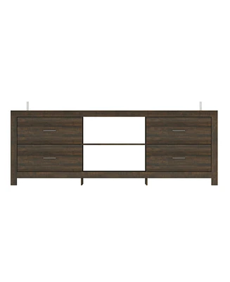 Tv stand with 4 drawers and 2 compartments, brown wood media console, multi-purpose entertainment center
