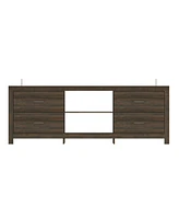 Tv stand with 4 drawers and 2 compartments, brown wood media console, multi-purpose entertainment center
