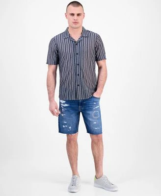 Guess Mens Wyatt Rip Repair Denim 9 Shorts Striped Button Front Camp