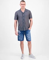 Guess Mens Wyatt Rip Repair Denim 9 Shorts Striped Button Front Camp