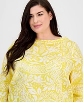 Charter Club Plus 100% Linen Printed Roll-Tab-Sleeve Top, Exclusively at Macy's