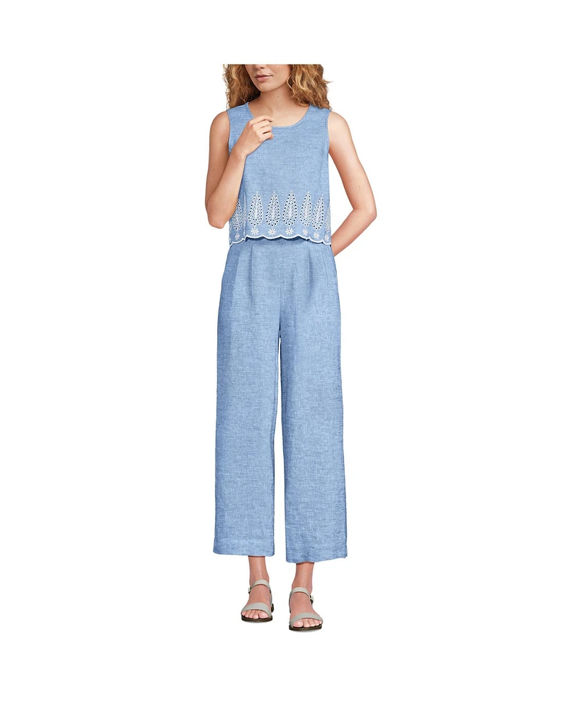 Lands' End Women's Linen Sleeveless Embroidered Jumpsuit