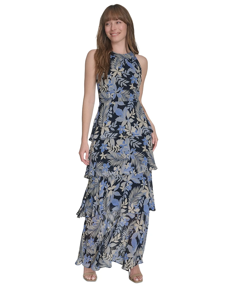 Tommy Hilfiger Women's Printed Tiered Halter Maxi Dress