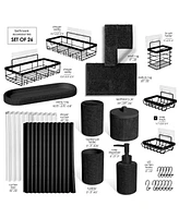 Complete Burlap-Texture Polyresin Bathroom Decor & Accessory Set with Shower Curtain, Caddy Bath Rugs