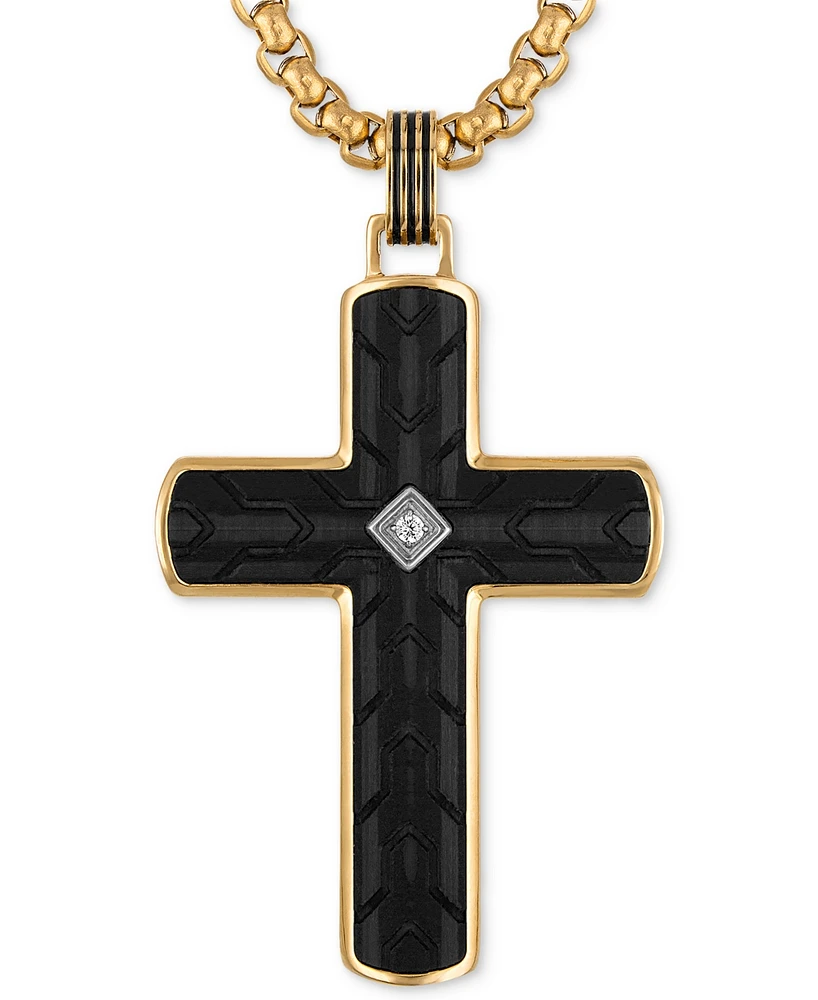 Esquire Men's Jewelry Diamond Accent Carbon Fiber Cross 22" Pendant Necklace in Stainless Steel & Black & Gold-Tone Ion-Plate, Exclusively at Macy's