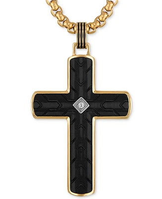 Esquire Men's Jewelry Diamond Accent Carbon Fiber Cross 22" Pendant Necklace in Stainless Steel & Black & Gold-Tone Ion-Plate, Exclusively at Macy's