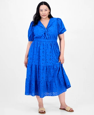 I.n.c. International Concepts Plus Cotton Eyelet Twist-Front Tiered Dress, Exclusively at Macy's