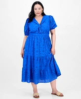 I.n.c. International Concepts Plus Cotton Eyelet Twist-Front Tiered Dress, Exclusively at Macy's