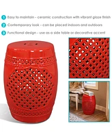 Marrakesh Ceramic Garden Stool Side Table with Lattice Design - Indoor or Outdoor 17.75-Inch Red Glazed Finish
