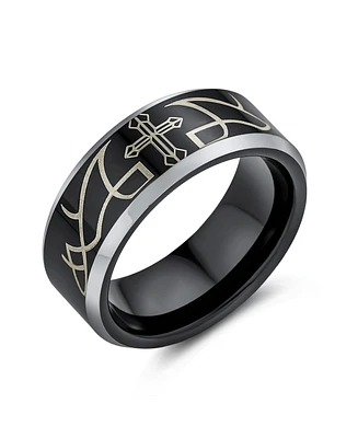 Bling Jewelry Laser Etched Catholic Religious Black Christ Thorn Cross Titanium Band Ring Comfort Fit