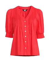 Lands' End Plus Button Pintuck Puff Sleeve Top