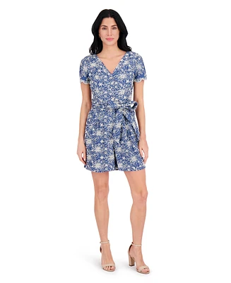 kensie Women's Eyelet Short-Sleeve Belted Romper