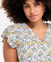 On 34th Plus Printed Flutter-Sleeve Smocked Midi Dress, Exclusively at Macy's