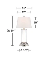Modern Table Lamp with Usb and Ac Power Outlet Workstation Charging Base 26.25" High Cylinder Fillable Clear Glass Brushed Nickel White Drum Shad