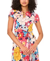 Msk Petite Printed O-Ring-Trim Short-Sleeve Dress