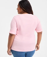 Style & Co Plus Boat-Neck Elbow Sleeve Cotton Top, Exclusively at Macy's
