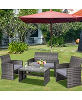 4PCS Patio Rattan Furniture Set Conversation Glass Table Top