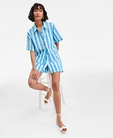 On 34th Womens Cotton Striped Short Sleeve Shirt Pull On Shorts Exclusively At Macys