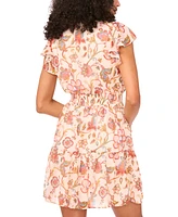 Msk Petite Floral-Print Flutter-Sleeve Smocked-Waist Dress