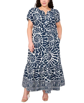 Msk Plus Printed Split-Neck Tiered Cotton Maxi Dress
