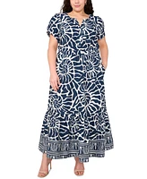 Msk Plus Printed Split-Neck Tiered Cotton Maxi Dress