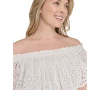 Eliza J Plus Eyelet Off-The-Shoulder Belted Midi Dress