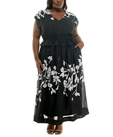 Taylor Plus Printed V-Neck Smocked-Waist Maxi Dress