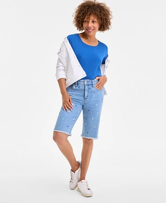Women's Embroidered Mid-Rise Denim Bermuda Shorts, Exclusively at Macy's