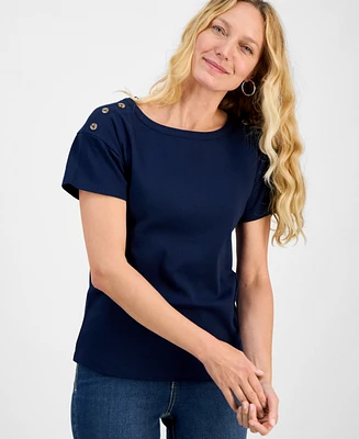 Style & Co Women's Cotton Button-Shoulder Solid Top, Exclusively at Macy's